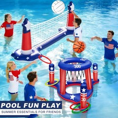 Pool Games Set 3-in-1 Volleyball Net Basketball Hoop Ring Toss Large July 250th