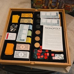 Vintage Monopoly Clue +6 Classic Games Wood Cabinet Used 2004 Chess checker etc