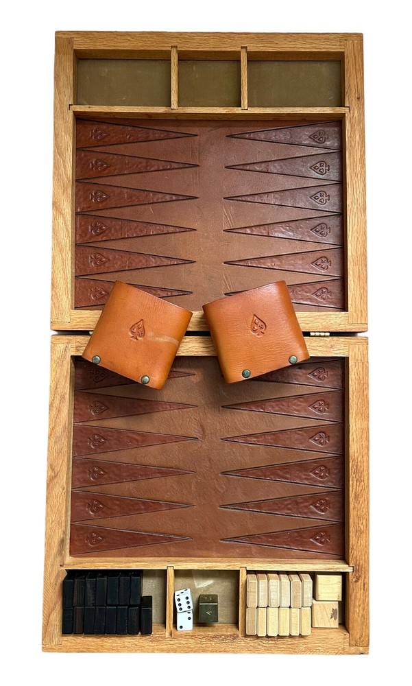 Vintage Backgammon Game Hand Tooled Leather Wood Wooden Brass Piece Hand Made