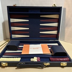 Vintage BACKGAMMON Travel Game Set Navy Blue Faux Leather Folding Case Compact