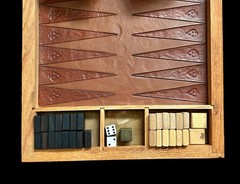 Vintage Backgammon Game Hand Tooled Leather Wood Wooden Brass Piece Hand Made