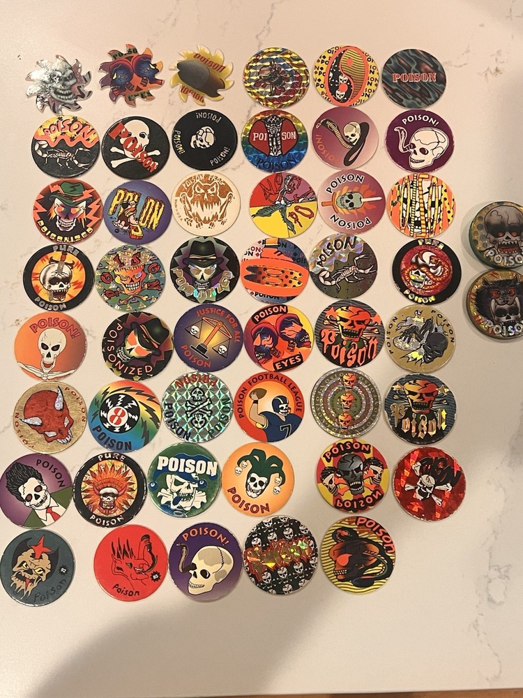 ALL Poison Lot of Pogs Skull 8 Ball + 2 Metal Slammers 90s Retro Nostalgia Rare