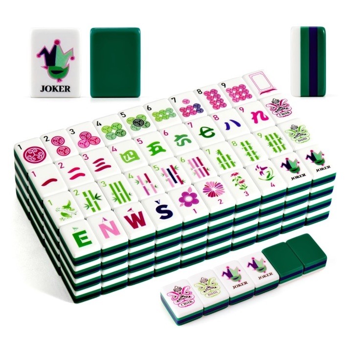 American Mahjong Set 160 Green Tiles Racks Pushers Bag and bonus flower Mat -New