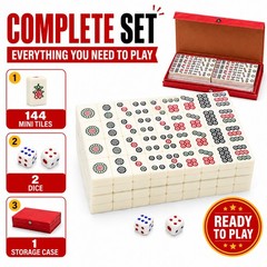 Travel Mini Mahjong Set 144 Tiles 2 Dice Red Carry Case Family Tabletop Game Toy