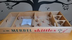 Vintage Merdel Skittles No 401 Wooden Bowling Game w/ 10 Pins, 2 Tops directions