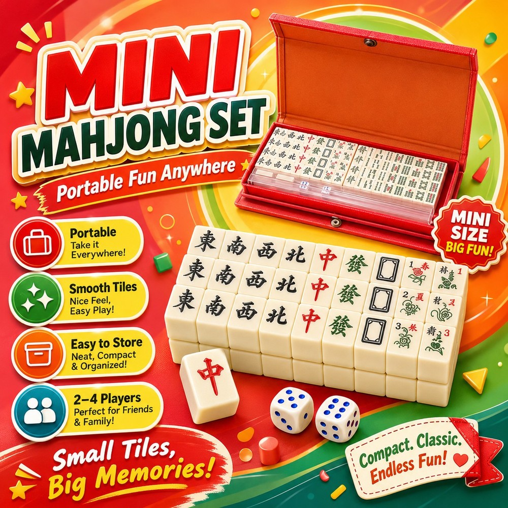 Mini Mahjong Game Set Travel Size Tiles with Storage Case Dice Kids Adults Party