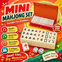 Mini Mahjong Game Set Travel Size Tiles with Storage Case Dice Kids Adults Party