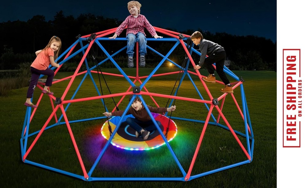 Climbing Dome Swing Set LED Saucer 800lb Jungle Gym Outdoor 3-8 8-12 Kids