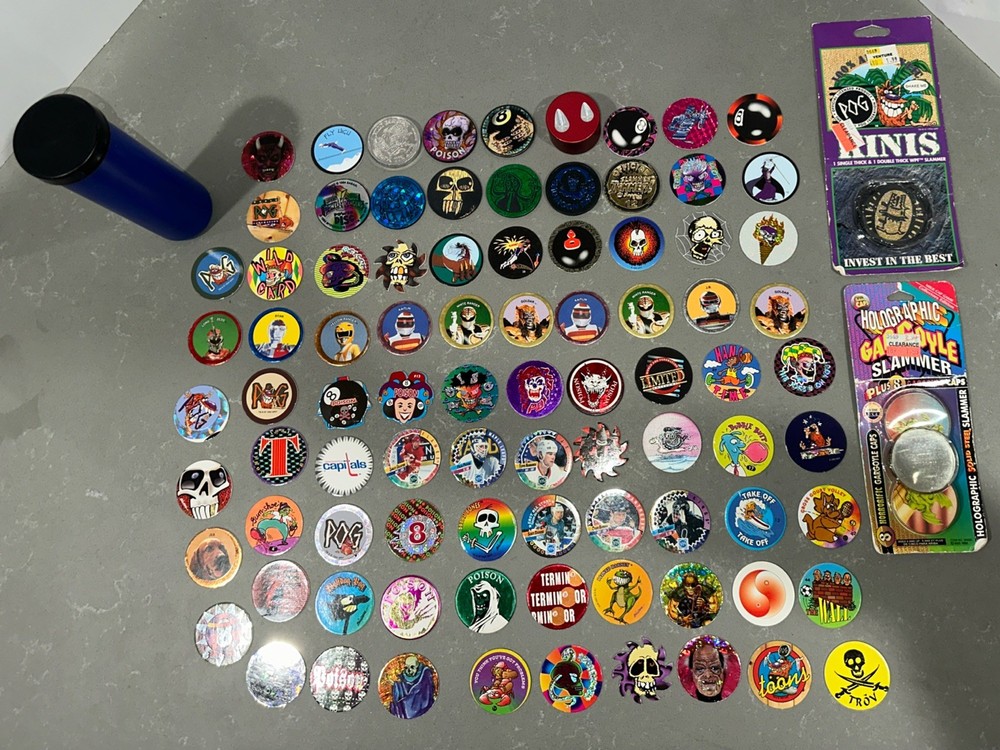 VINTAGE 1990s Lot of 104 POISON Skull Bones Pogs Slammer Whammers Milk Caps