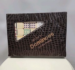 Double 12 Dominoes Set Faux Crocodile Case Multicolor Pips + Bonus Tiles 1980s