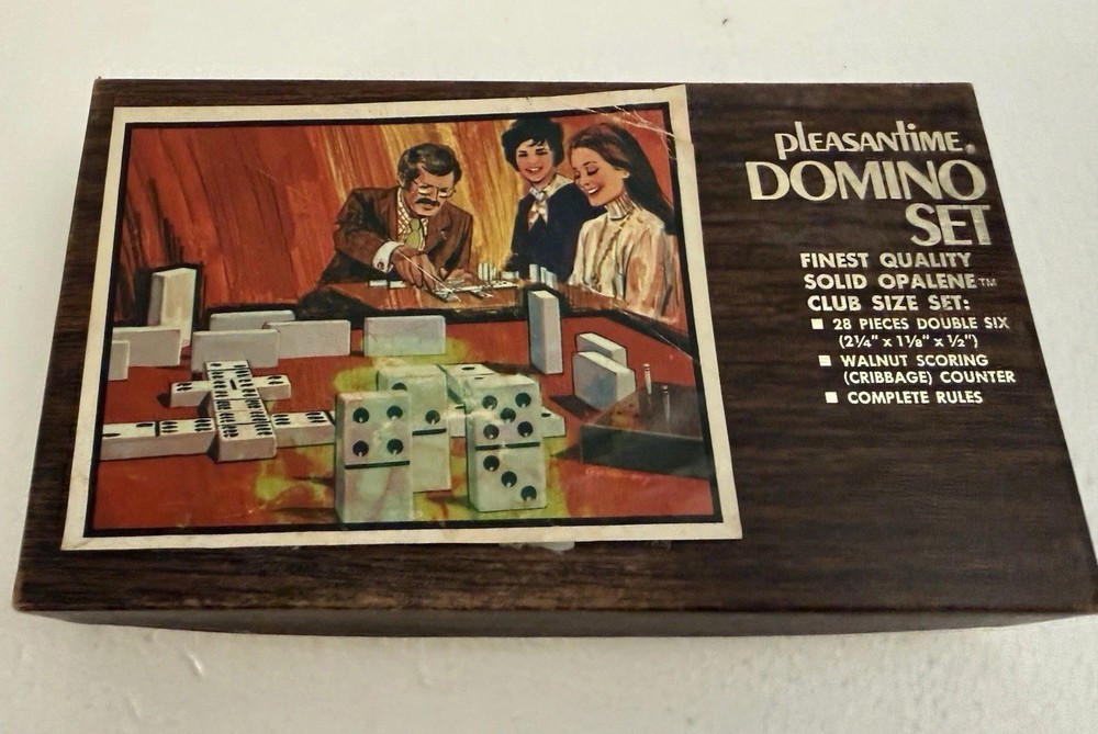 Vintage Pleasantime Dominoes Set Double Six Opalene Walnut Cribbage Counter Box