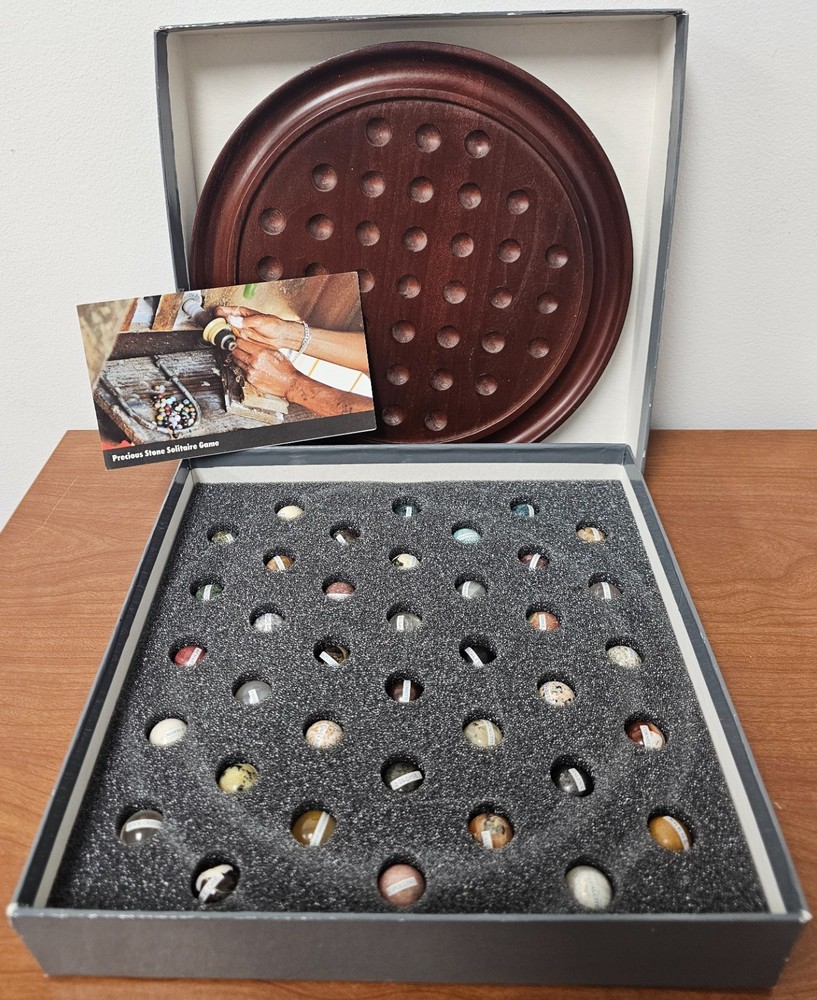 Vintage Boston Museum of Fine Arts Wood Board W/ 38 Precious Stone Marbles Game