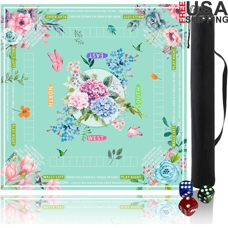 Mahjong Table Mat Set Non-Slip Durable Playmat Game Rules Floral Design New