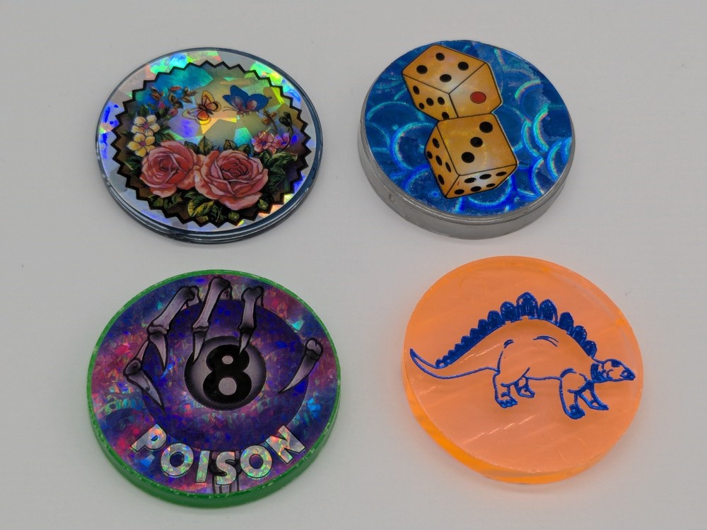Lot of 4 Vintage Pog Slammers – Dice, Poison, Dinosaur, Floral