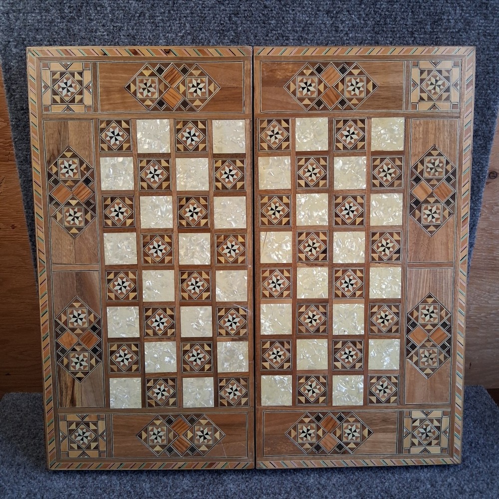 Mediterranean Backgammon & Checkers Set Marquetry Mother Of Pearl Inlay 20″