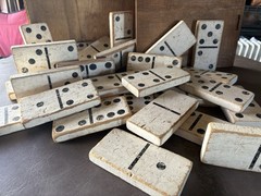 Vintage Double Six Dominoes Set of 28. Hand Made. Well Used. Wood 5.5×2.75x.75