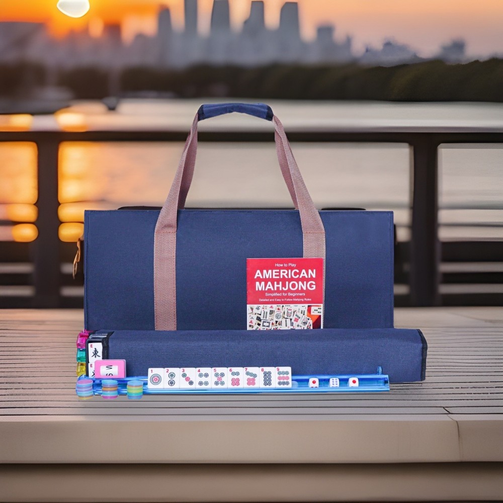 American Mahjong Set 166 Tiles Complete Rack Pushers Blue Carrying Bag