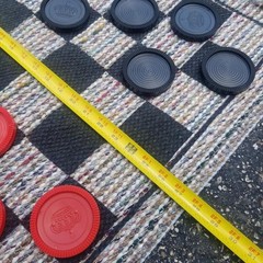 Jumbo checkers game on 28″ square rug 3″ checkers Tic Tac Toe on back