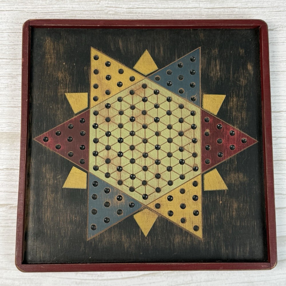 Vintage 1999 Tender Heart Treasure Chinese Checkers 9.5″ Square Wood Board Game