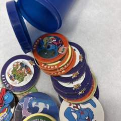 Vintage Pogs Lot Various 1990s Power Rangers, Jurassic Park, DC Comics w/ Tube