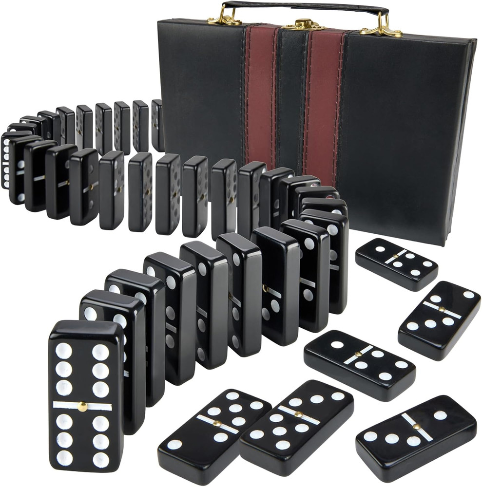 Playbees Jumbo Double Six Dominoes Set – 28 Black Classic Tiles in Faux Leather