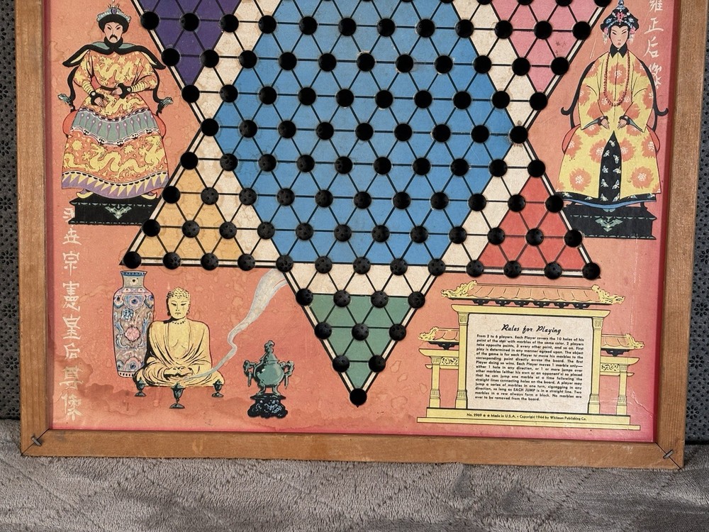 Vintage Whitman #5334 Chinese Checkers Game Board – 1944 – Wood Frame Lithograph