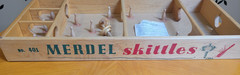 Vintage Merdel Skittles No 401 Wooden Bowling Game w/ 10 Pins, 2 Tops directions