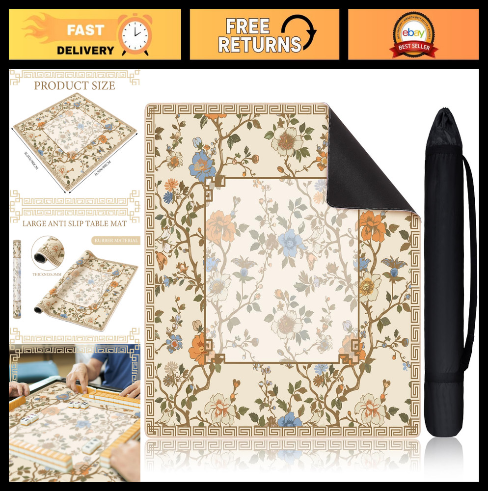 Chinoiserie Mahjong Mat 31.5″ x 31.5″ – Beige & White Anti-Slip Game Table Cover