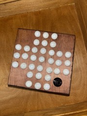 Vintage Handmade Marble Solitaire Game Solid Wood Board White Glass Marbles