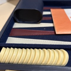 Vintage BACKGAMMON Travel Game Set Navy Blue Faux Leather Folding Case Compact