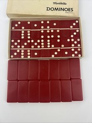 Vintage No. 616 Standard Marblelike Red 28 Dominoes Set Complete In Original Box