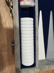 Vtg Skor-Mor Backgammon Set White blue & Grey Leather Briefcase W/Book & Manual