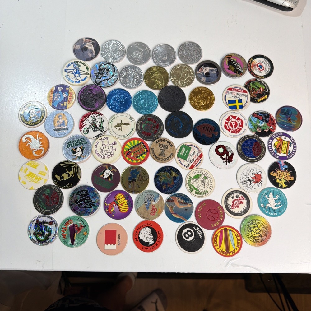 Lot Of 63 Pogs Slammers Solid Metal Plastic Cardboard Many Styles Big Value!!