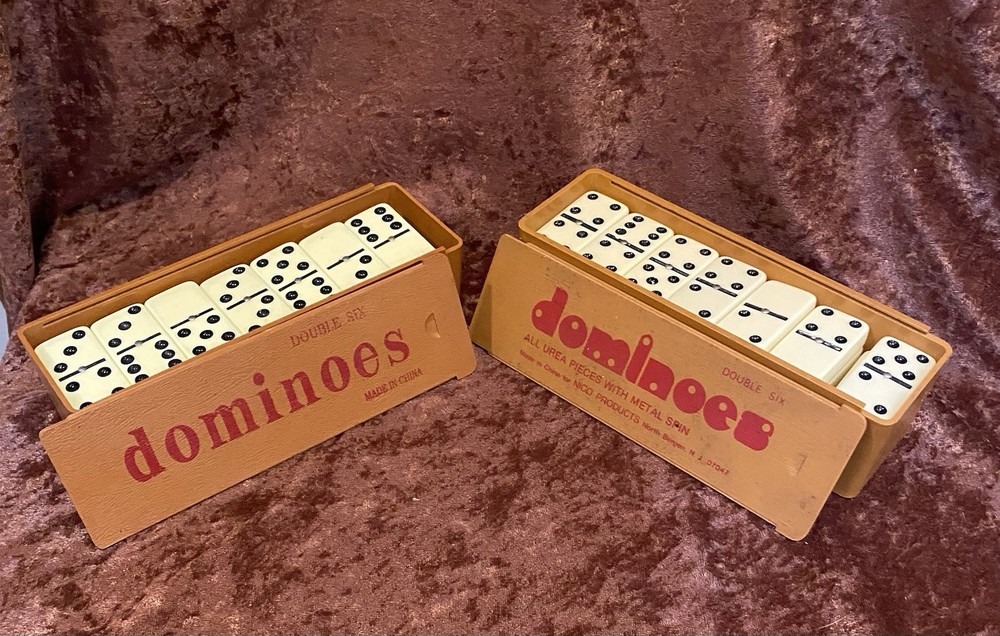 Vintage Nico Products Dominoes Double 6 Set Urea Metal Spin Wood Box N Bergen NJ