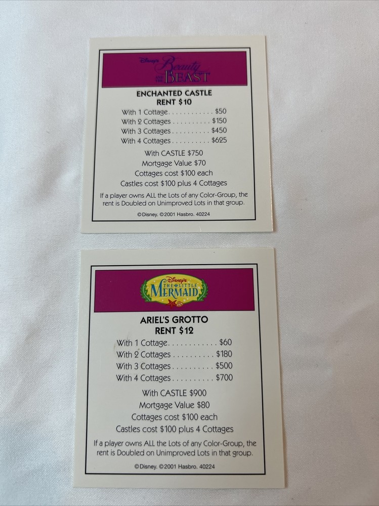 2 Light Purple Properties Monopoly 2001 Disney Edition Parker Brothers Game