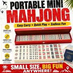 Compact Mini Mahjong Set with Dice Red Carry Case Travel Family Party Game Gift