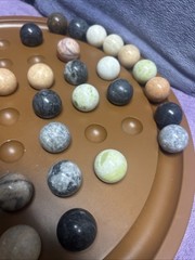 Vtg Semiprecious Stone Marble Solitaire Game 36 1” Stone Marbles 16” Board