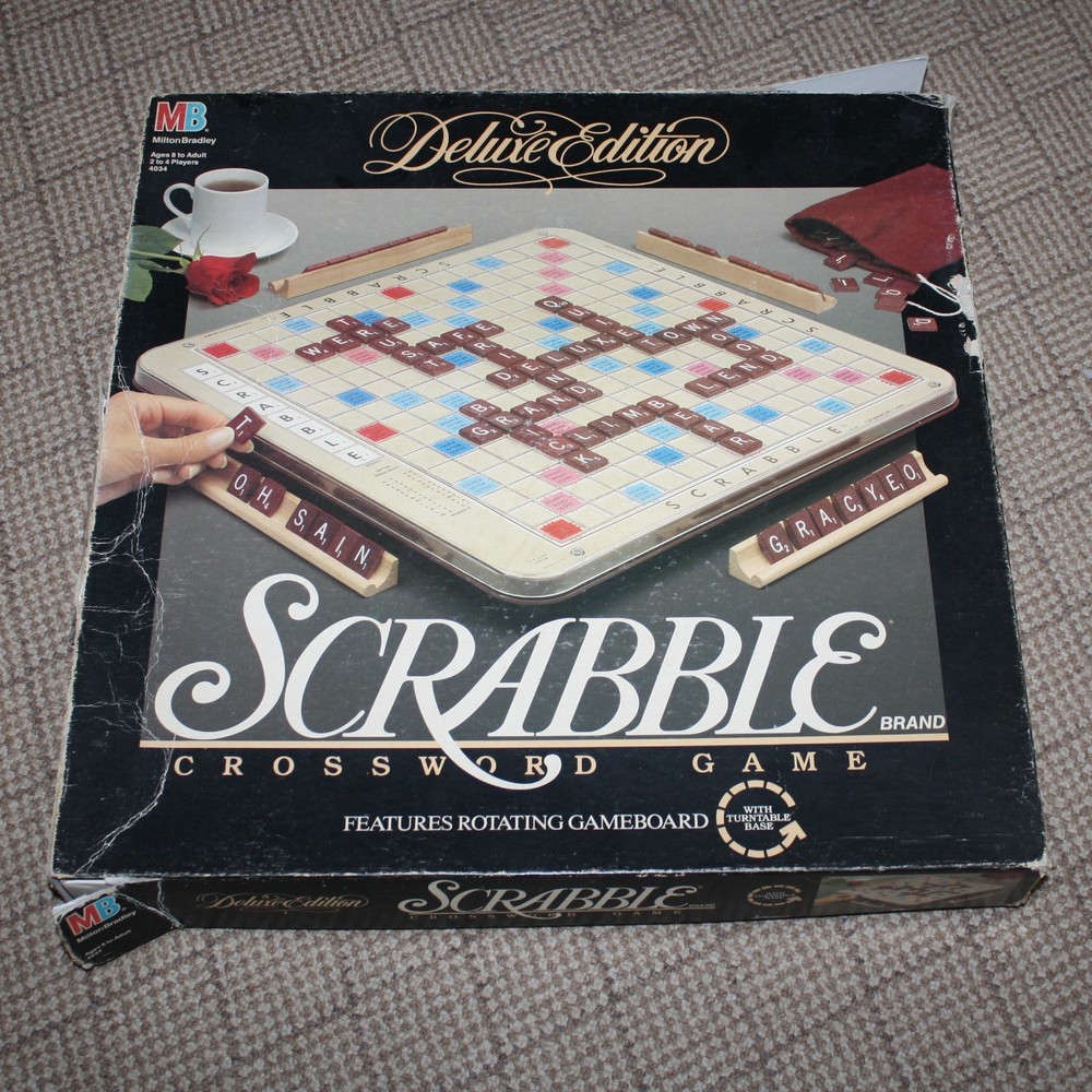 Scrabble Deluxe Edition Crossword Game with Turntable Base Red Tiles 1989