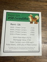 1999 Monopoly Pokémon #58 Growlithe Title Deed Card Game Piece Part Pokemon