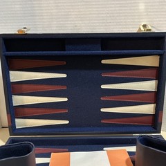 Vintage BACKGAMMON Travel Game Set Navy Blue Faux Leather Folding Case Compact