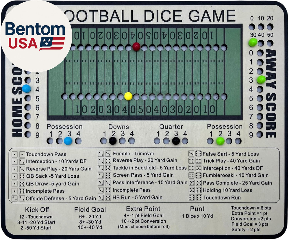 Football Dice Game – Tabletop Wooden Board Game with Scoring Track for Family Fu
