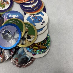 Vintage Pogs Lot Various 1990s Power Rangers, Jurassic Park, DC Comics w/ Tube
