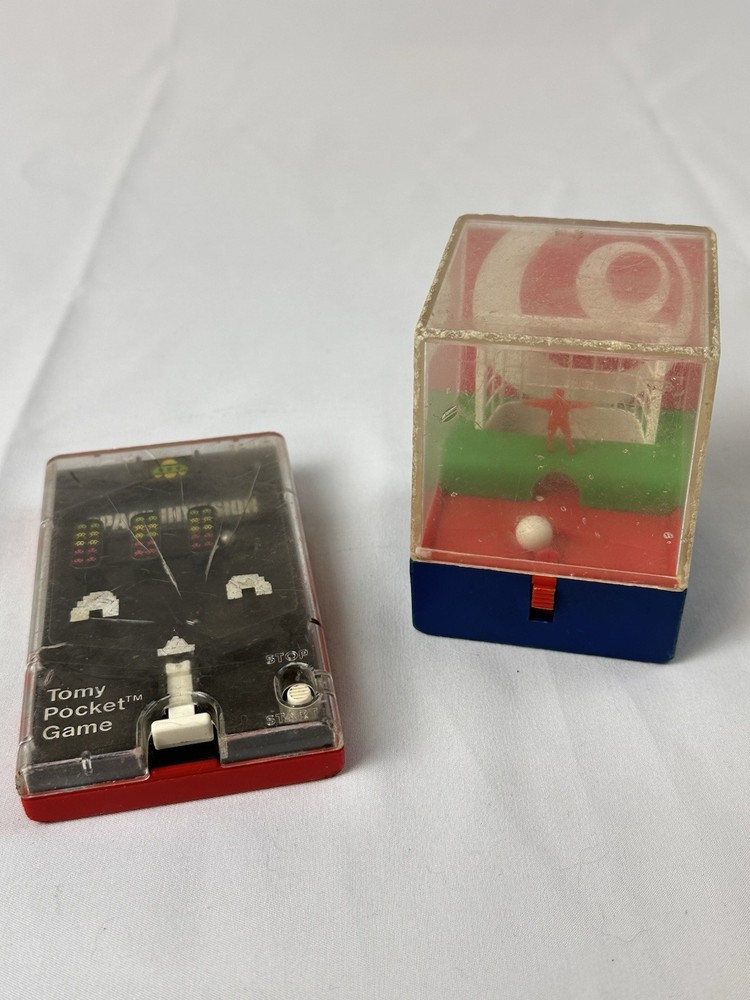2 Vintage Ball Shooter Toy Game Tomy Pocket Space Invasion & Soccer Skill Shot