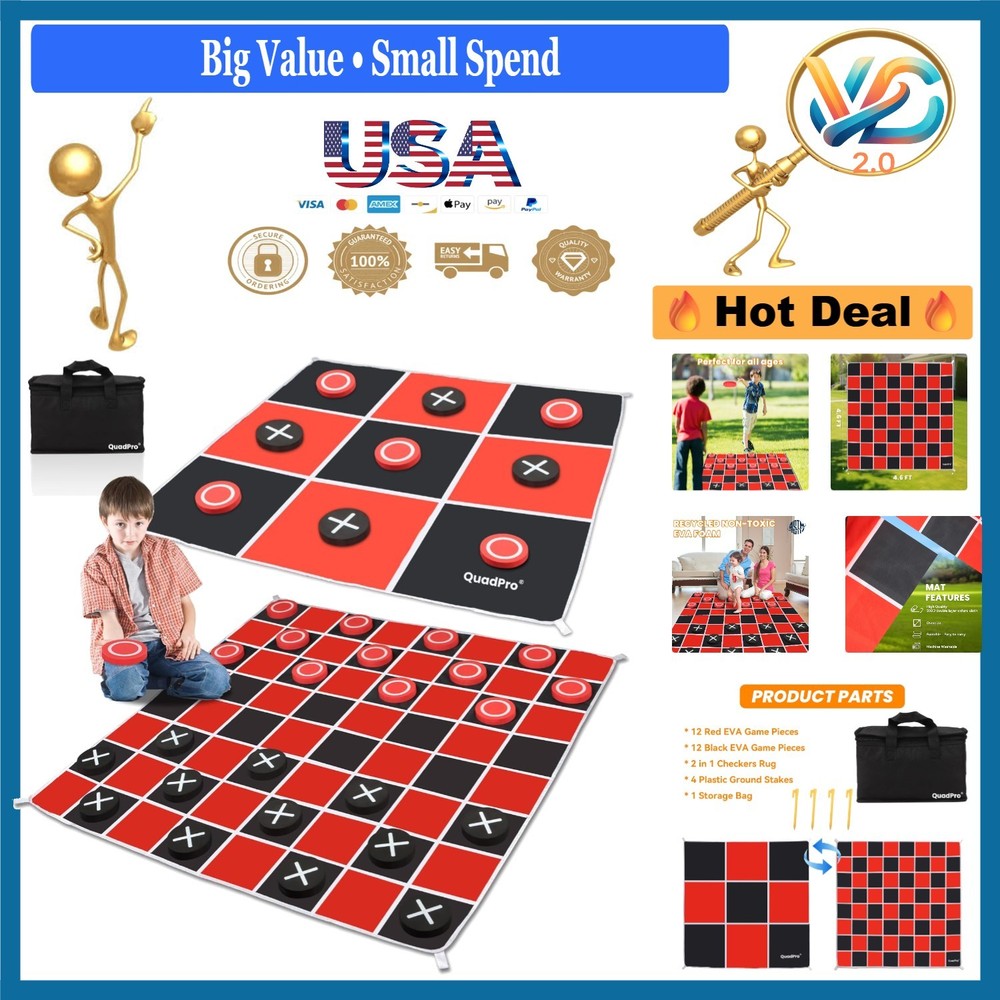 Quadpro 2-in-1 Giant Checkers & Tic Tac Toe Game Set Outdoor Backyard Game