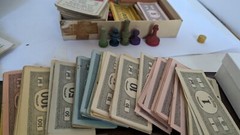 Monopoly 1930’s Blue Box Wood Houses & Hotel Wood Game Pieces Dice, Cards, Rules