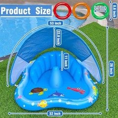 Inflatable Baby Pool Float with Canopy Backrest & Stackable Rings Water iGeeKid
