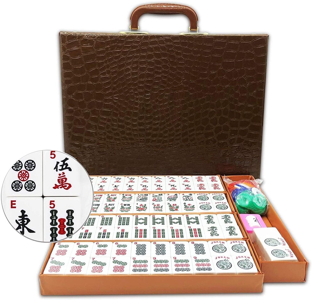 American Mahjong Set 166 White Engraved Tiles Travel Case Dice Chips Manual