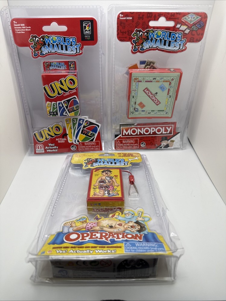 World’s Smallest Board Games Mini Toy Lot – Monopoly UNO Operation Brand New Set
