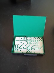 Vintage Double Six Dominoes Set in the original Green vinyl case B24