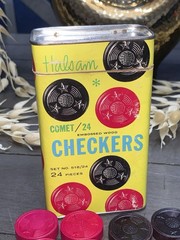B7 Vintage 1950s Halsam Comet 24 Embossed Wood Checkers In cardboard Tin #518